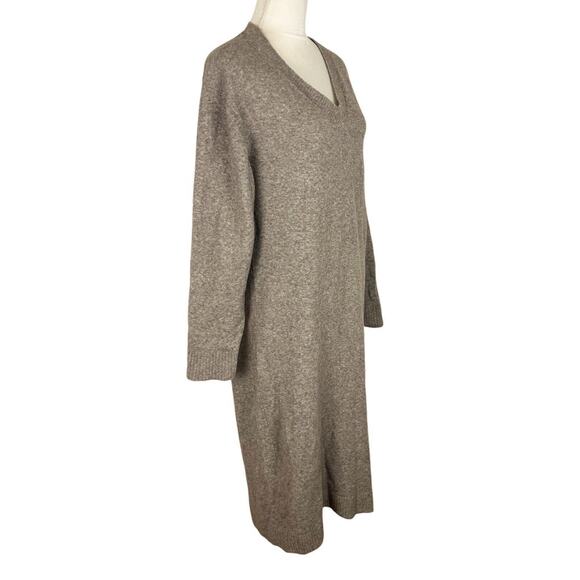 WEEKDAY Ellen V-Neck Knit Dress Light Brown Ribbed Long Sleeve Slit Size Small - Picture 5 of 11